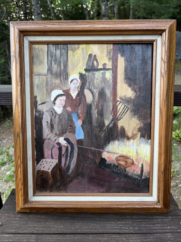 Original Signed Folk Art Oil Painting By E. Mancusi – Amish Women By Fireplace