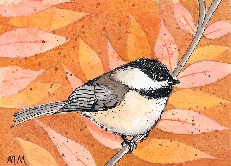 ACEO Limited Edition – Chickadee and ash leaves print of Original Watercolor