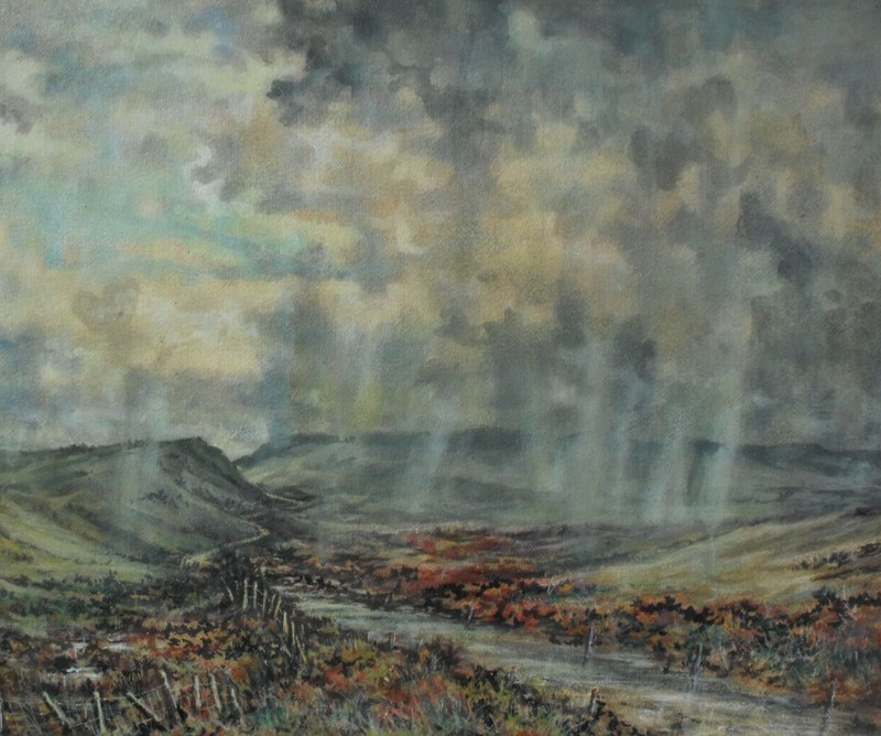 Moss Williams (Welsh) – Oil/Pastel Painting – Sun and Rain, Denbigh Moors. Wales