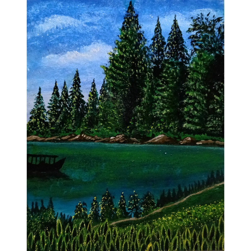 Original Acrylic Painting Lake Trees Silhouette Boat Handpainted Landscape Art
