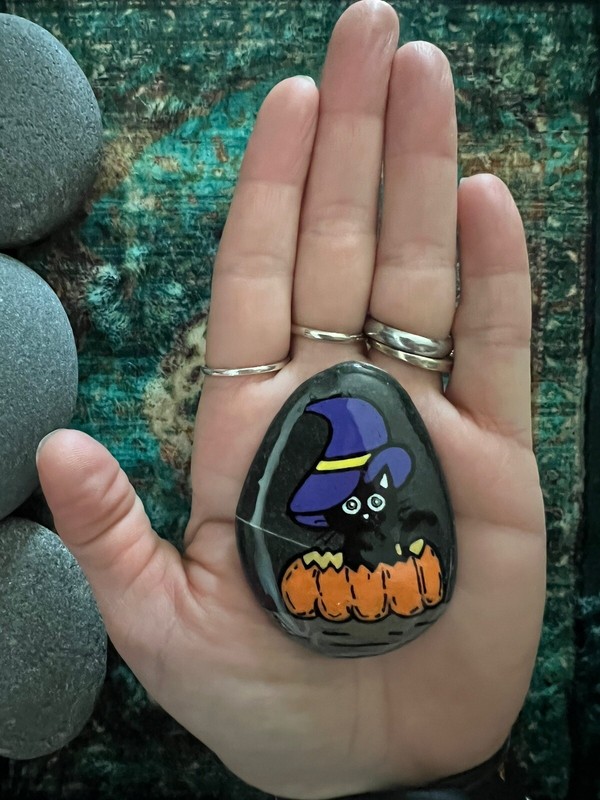 Acrylic Hand Painted Halloween Black Cat Rock gallery