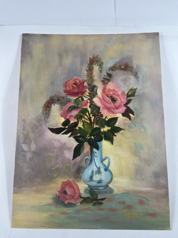 Vintage Oil Painting On cardBoard Roses Bouquet Pink Unframed Signed 12”x 16”