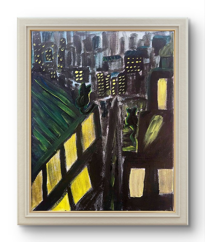 Cats On The Roof Figurative Abstract Expressionist Art Painting 11x14 gallery