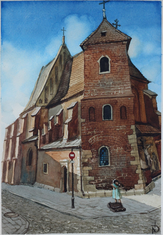 Original Krakow Watercolor Painting Church Street Cityscape Art Poland OOAK