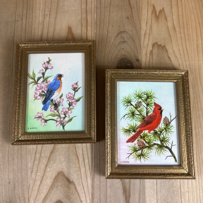 Blue Bird Cardinal Watercolor Art Painting Set Of 2 Gold Wood Frame 5×7 Inch