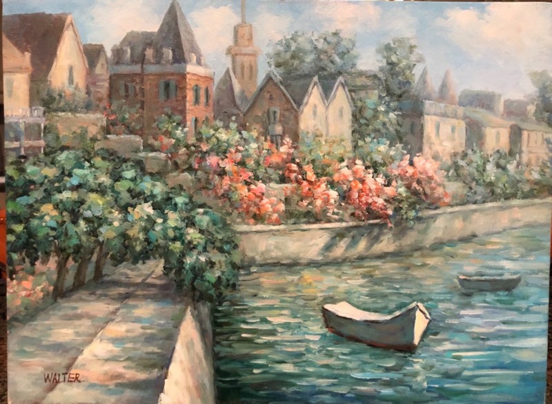 Stretched high quality oil painting, village on water with boats, pastel colors