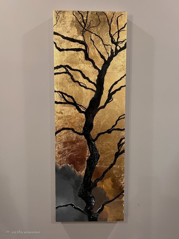 Original Gold Leaf Tree Oil Painting 12×36 Canvas Modern Abstract Wall Art