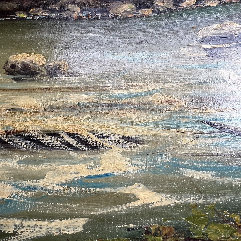 Vintage large oil painting landscape river mountains trees on Canvas gallery