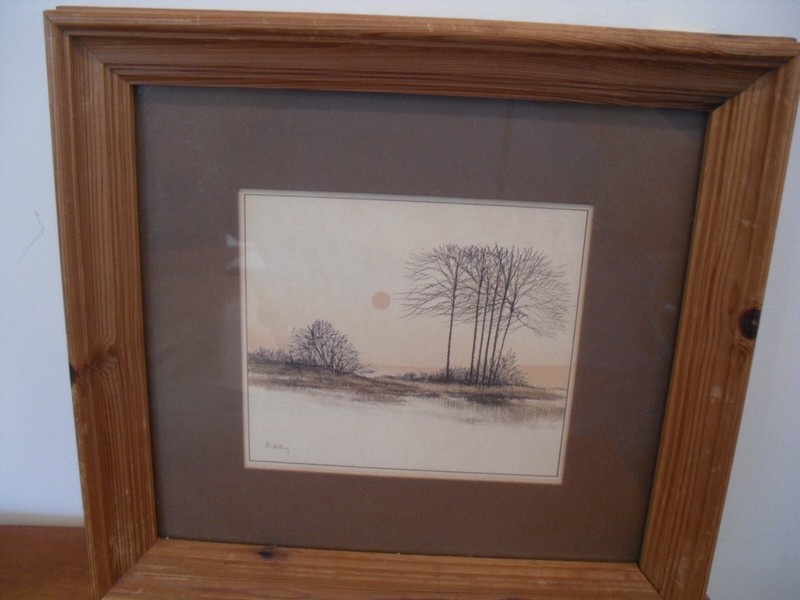 SIGNED MANLY HANDPAINTED SUNSET SCENE ART IS 6 X 5" FRAME 12 X 11"