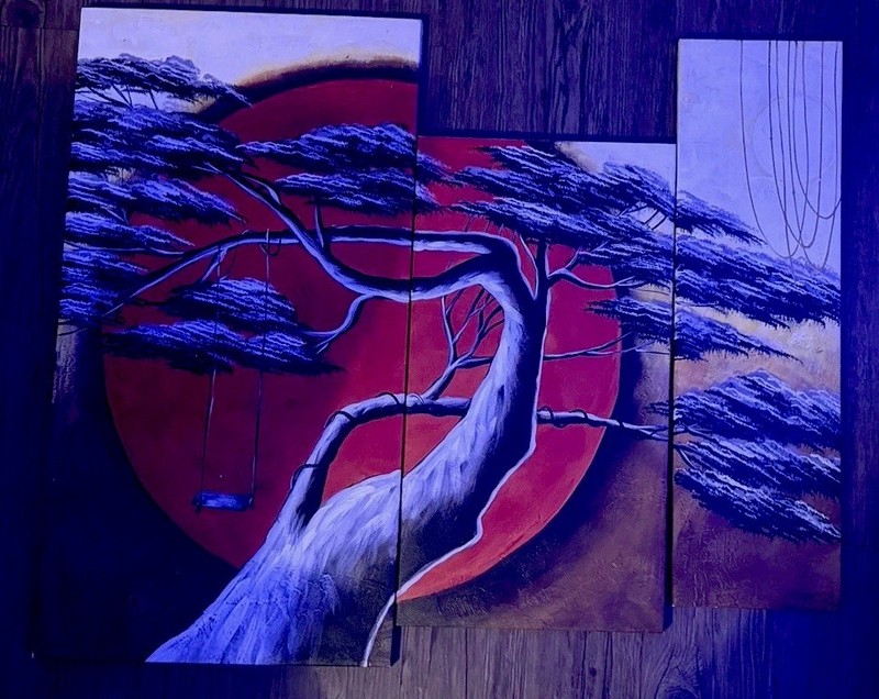 Original 3-Panel Triptych Painting - Japanese Bonsai & Red Sun - Zen Wall Art gallery