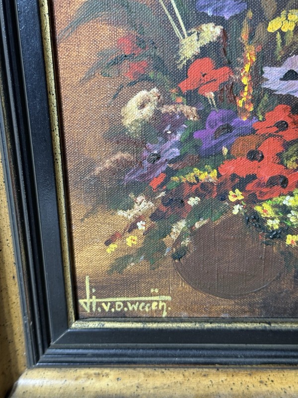 Vintage European Floral Oil On Canvas Still Life Framed Sign 11 1/4” X 13 5/8” gallery