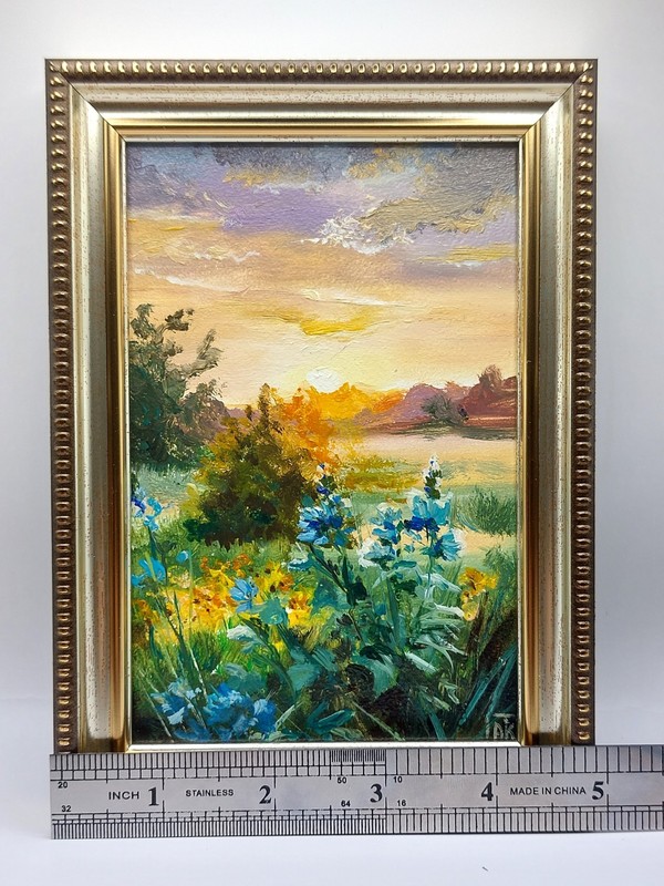 Meadow Landscape Original Oil Painting Sunset Wildflowers Art 4×6 inch