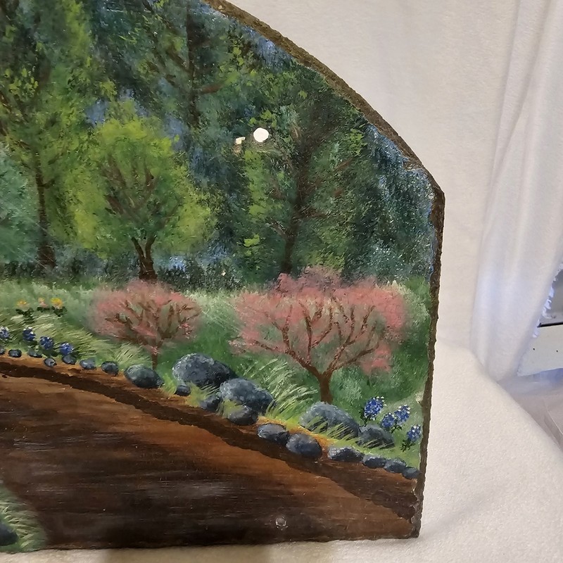 Vintage Hand Painted Slate Walking Path And Flowers Scene Landscape 13x9.5in gallery