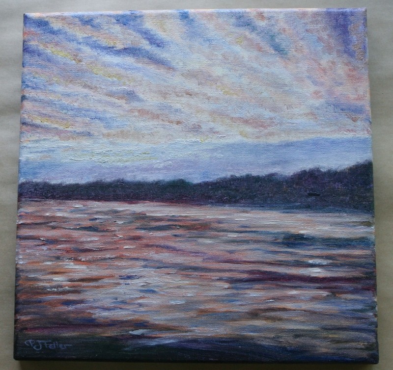 Contemporary Original Oil on Canvas «Boatside Bay Sunset» 12×12 Painted Sides