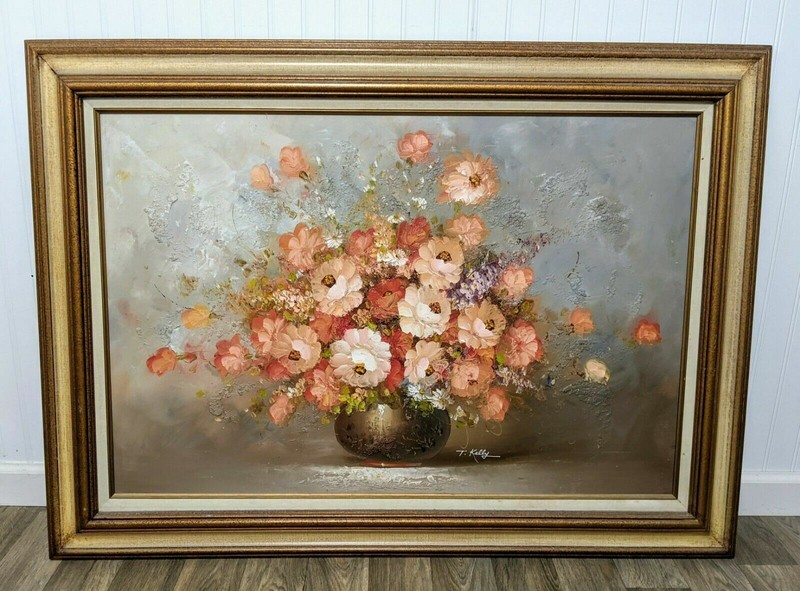 Huge Original Oil Painting By T. Kelly in Gorgeous Wood Frame Vintage 34×45″
