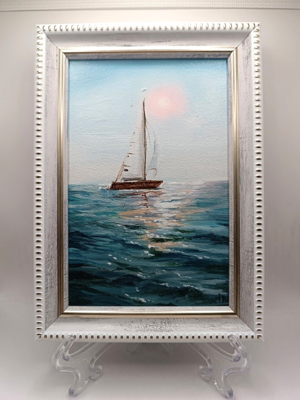 Misty Ocean Sailing Boat Small Textured Painting Original Pastel Beach Decor gallery