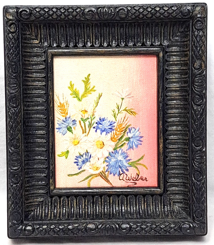 Vintage Original Mini Oil Painting Flowers Distressed Plastic frame Signed Decor