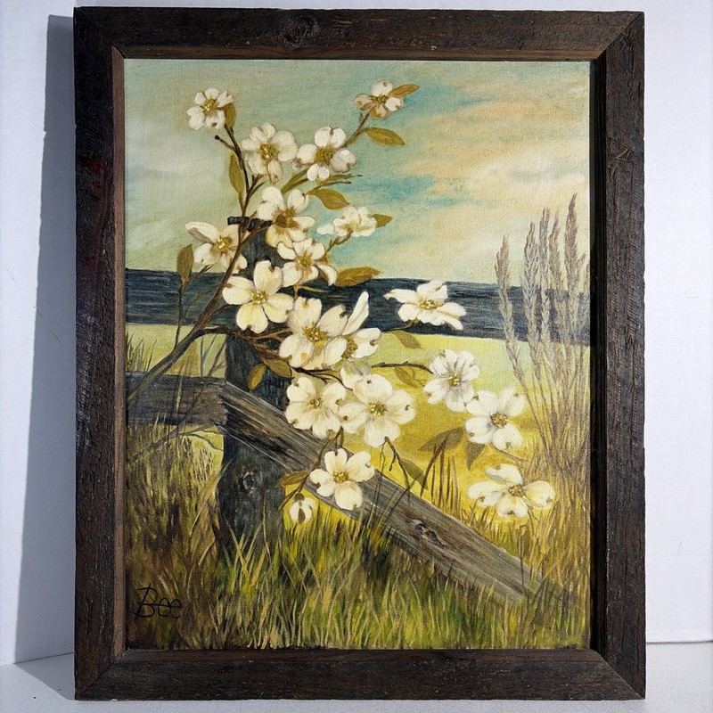 Vintage White Dogwood Blossoms Art Painting Flowers Rustic Botanical Landscape