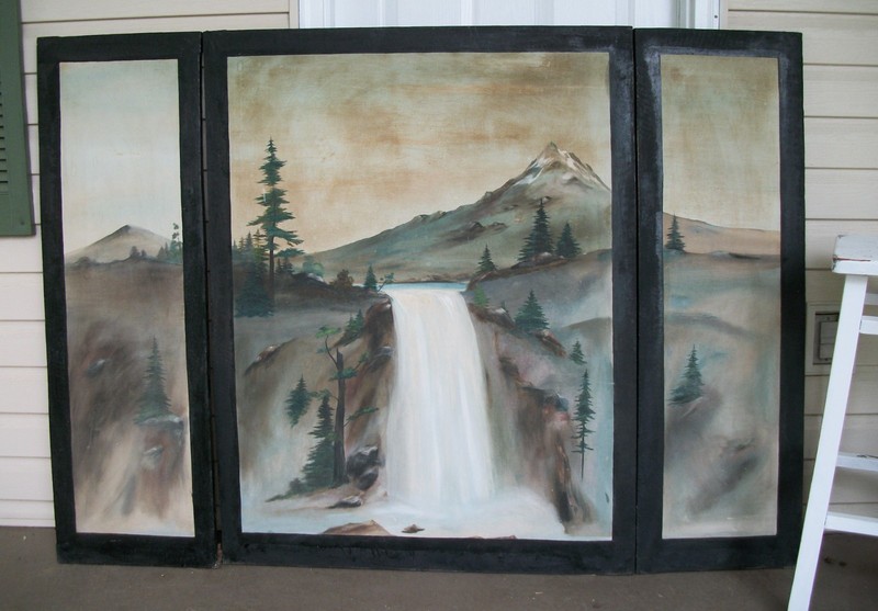 Vintage Large 47 X 66″ Mountain Landscape Oil Painting Waterfall Triptych Canvas