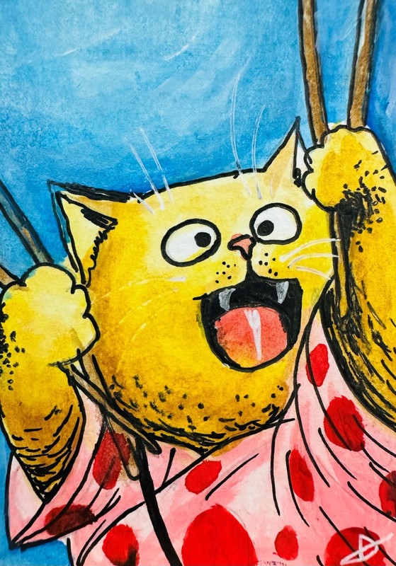 Funny Cat Blue ACEO Original Acrylic Painting Cartoon Polka Dot Pop Pet Gift Art