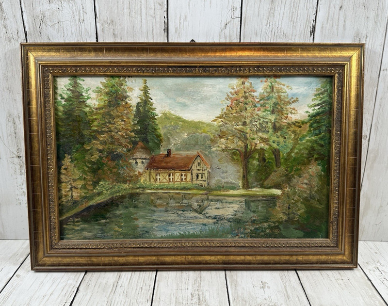 Vintage Oil Painting on Board, «Cottage on the Lake», Early 20Th century