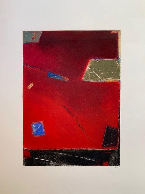 Virginia Wood Abstract Monotype Pastel Painting Vtg “Red Sky” Colorado Artist