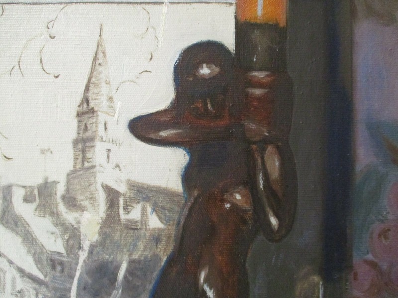 ANTIQUE OIL PAINTING STILL LIFE EARL SCHERM ART DECO BRONZE STATUE VILLAGE VIEW gallery