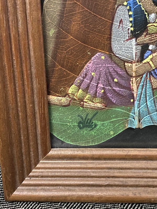 VINTAGE ORGINAL OIL ON REAL LEAF INDIAN PAINTING "LOVE"”COURTING” 9 1/4 Frame gallery
