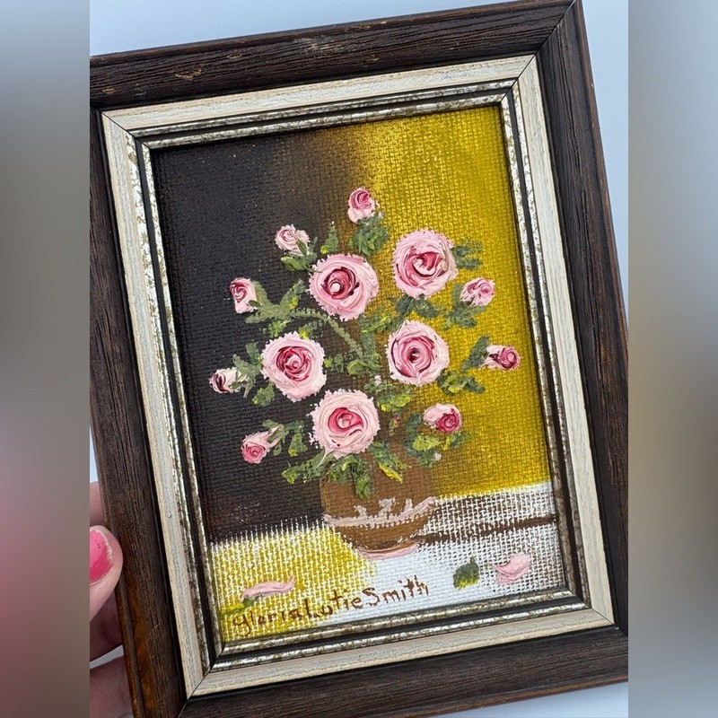 Framed Floral Painting with Pink Roses Signed By Artist gallery