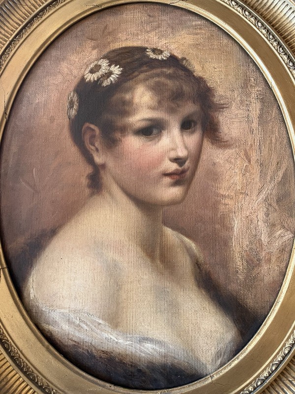Antique CJ Chaplin Portrait In Oil – Girl With Floral Headband