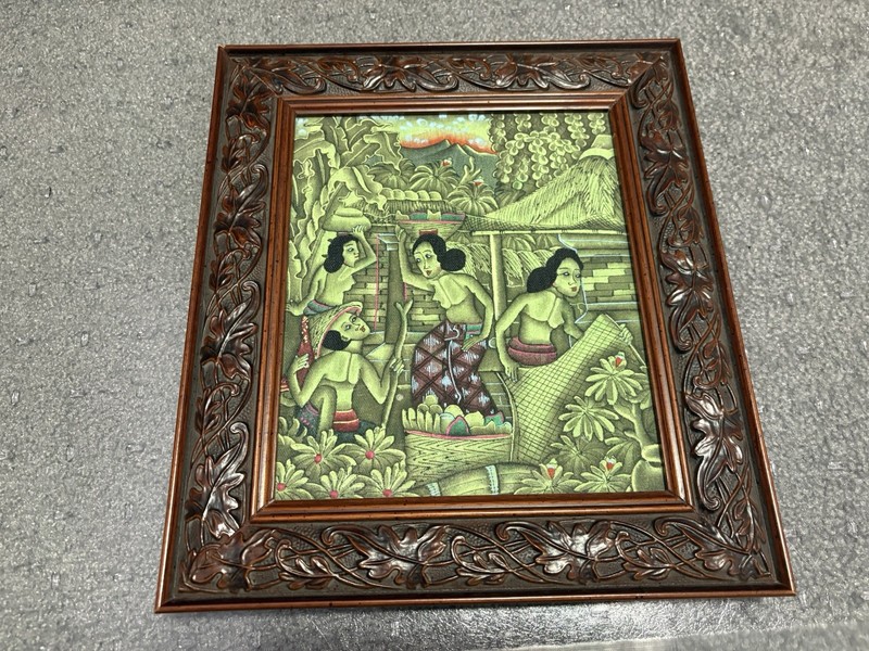 Balinese Art Painting On Canvas Framed Village Women Colorful 9 3/4” X 8 5/8”