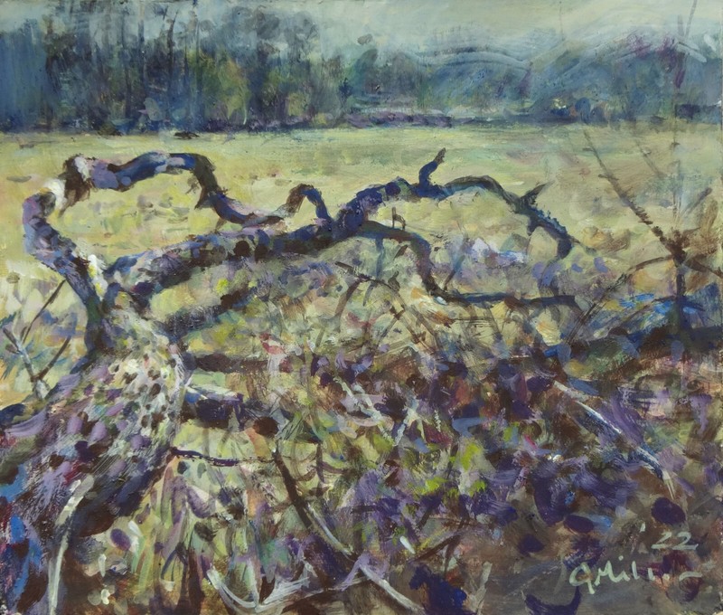 GERRY MILLER Landscape.»Fallen Tree» Acrylic Painting on Board. 25.5x22cm.