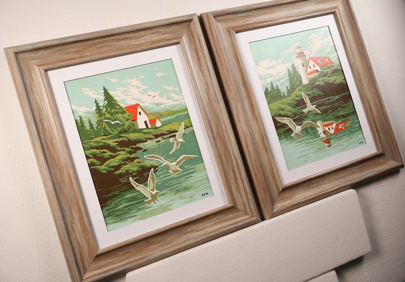 Vintage Paint by Number "Harbor Scene" Framed Set of 2 Birds Lighthouse Sea gallery