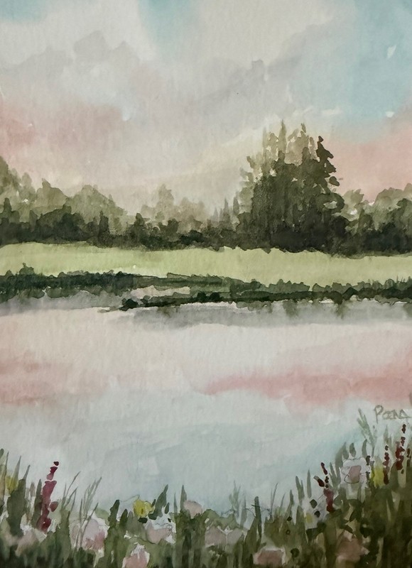 Original Watercolor 5”x 7” Landscape “Summer Pond” By Pamela Long gallery