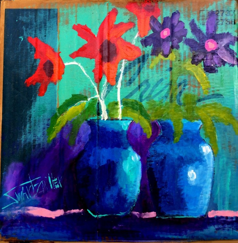 COLORFUL FLOWERS Painting SWARTZMILLER DNA SIGNED ART UPCYCLED unique ACRYLIC