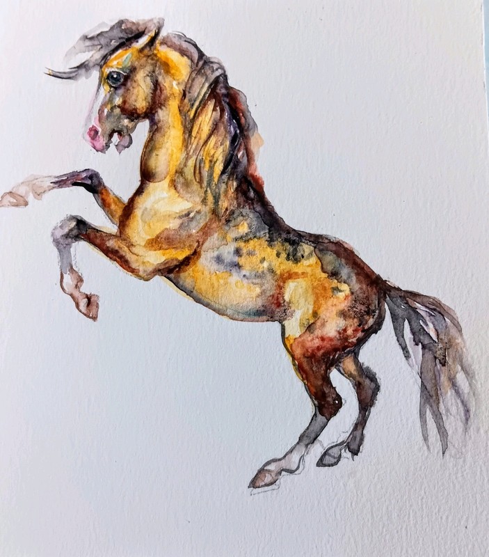 Original watercolor painting,equine,Horse running art burnt orange tealblue 6x7" gallery