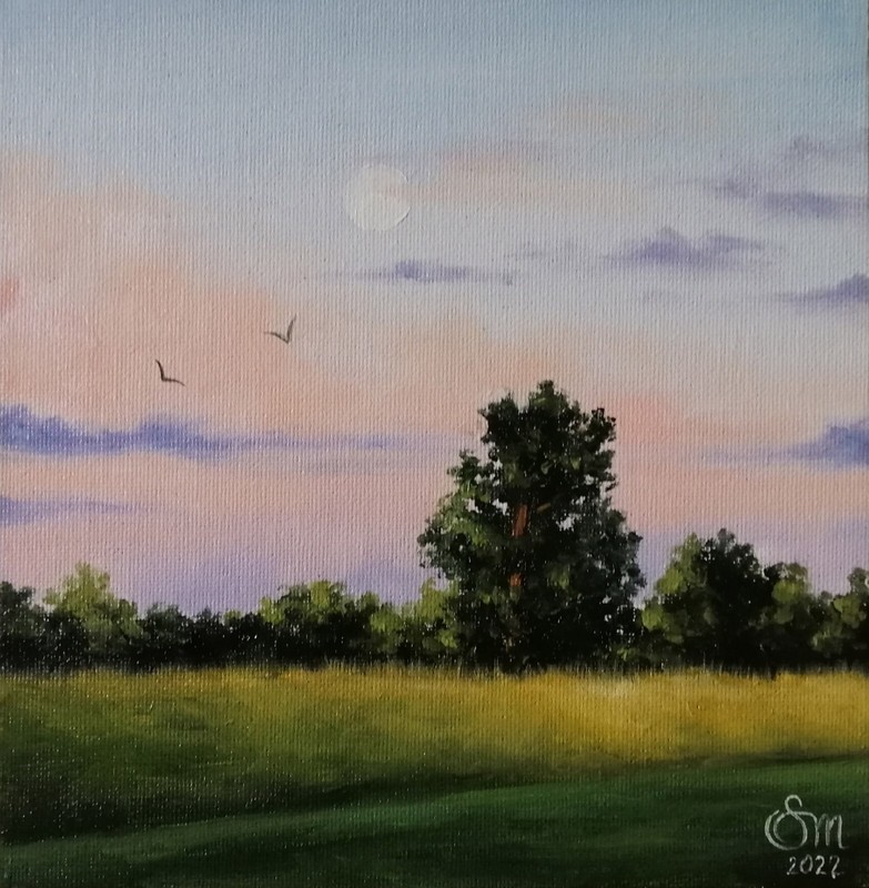 Landscape original oil painting 8×8 in (20×20 cm) Realistic sunset Summer art