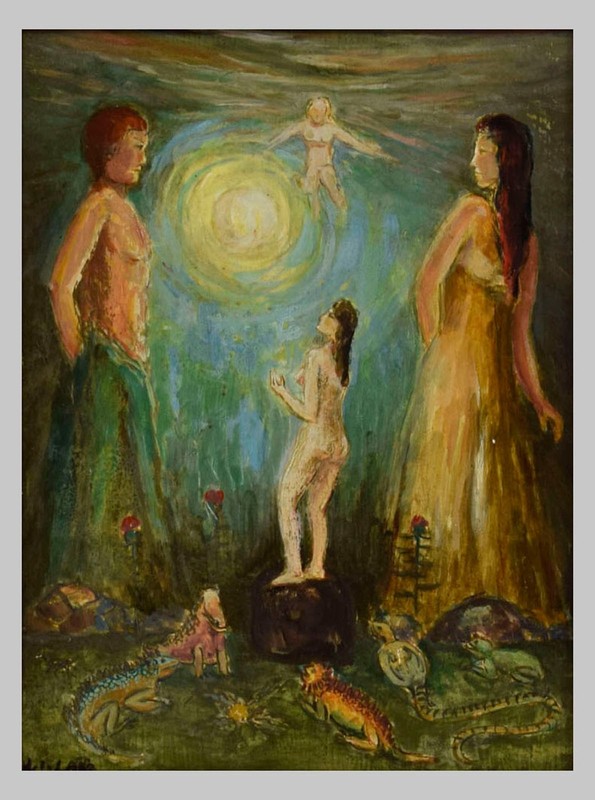 20th c.,Old painting, nude, ‘The Birth of Light’, oil, signed 15,7 x 11,8 in