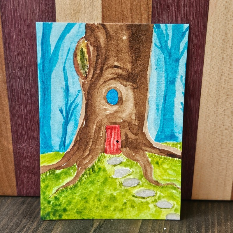 Original ACEO Fantasy Tree Door Watercolor Mini Painting – Enchanted Forest
