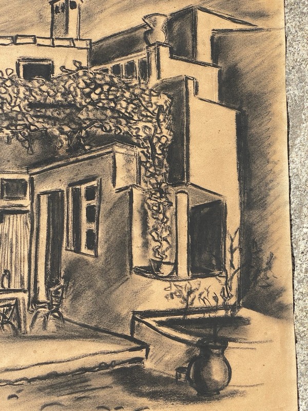 1962 Signed Abstract Cubist Charcoal Drawing Modernist Architecture Ramos 15x20 gallery