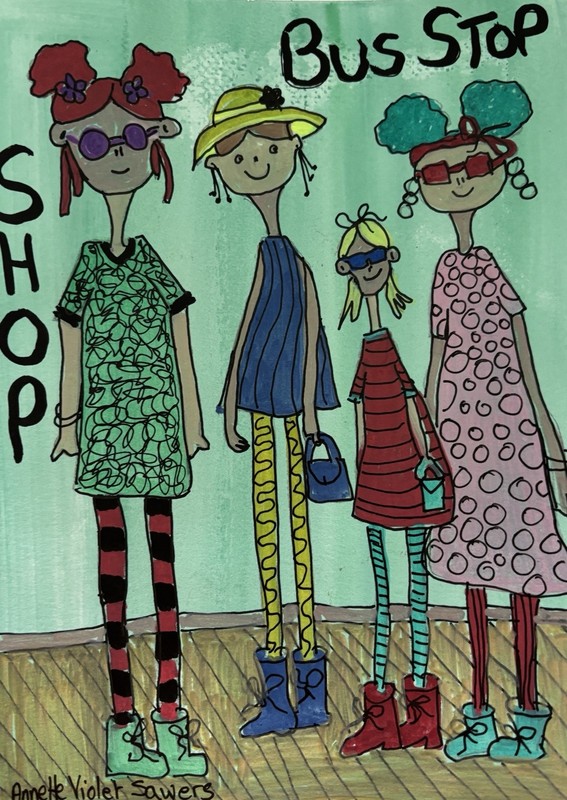 Girls Out Shopping, And Lunch, Original Art Painting By Artist, Free Shipping