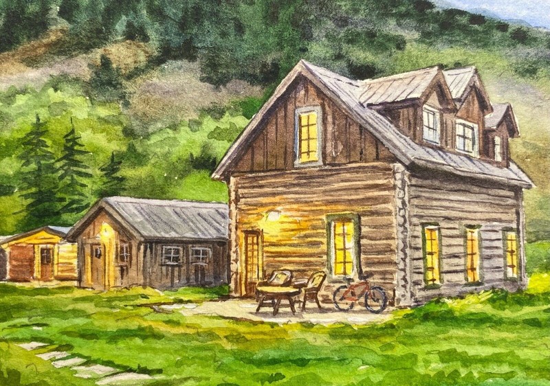 Watercolor Painting Country Wooden House Farm Barn Mountains Nature ACEO Art