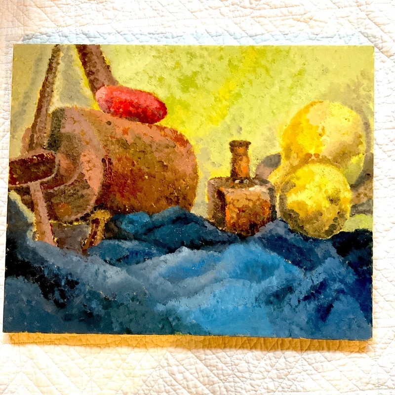 Vintage wine jugs food oil PAINTING still life original mid century modern bread