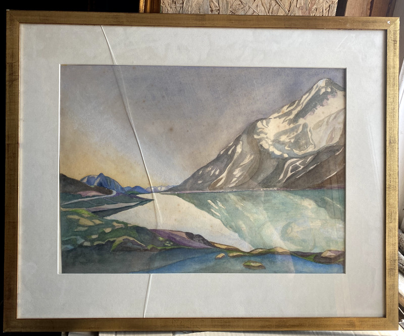 Watercolor Frame Shore Fjord Expressionist Antique Lake Landscape Gray Sky