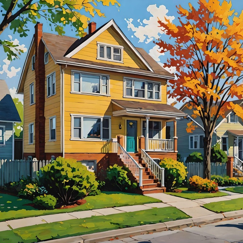 ACEO Art Card Neighborhood in the 1950’s with 2 Story Home Yellow Color