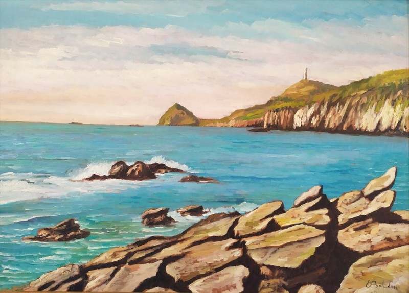Italian Coastal Landscape, Seascape with Lighthouse,Original Oil Painting signed