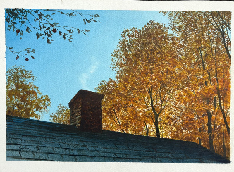 Autumn Trees over a Rooftop 18 3/8 x 12 5/8 W/C Painting-William Senior gallery