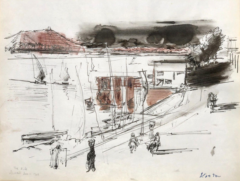 The Nile Aswan- 13 1/2 x 16 1/2 -Watercolor & Ink Painting-1964-Adolf Konrad
