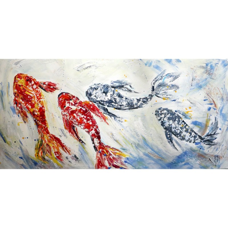 Large Koi Fish Oil Painting 48×24 Original Textured Abstract Modern Canvas Art