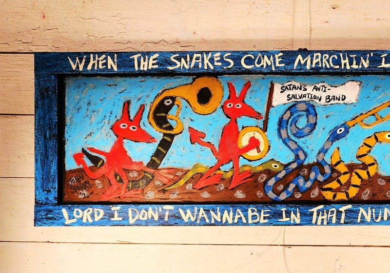 John Sperry Southern Primitive Religious Folk Art Devils & Snakes Painting 16X48 gallery